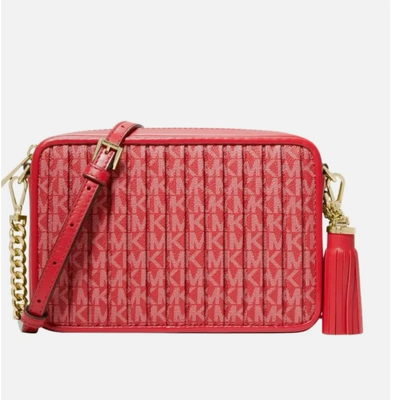 Michael Kors Signature Jet Set Charm Medium Camera Crossbody Bag Crimson Red